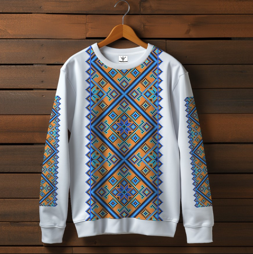 Білий світшот з принтом етнічна Вишиванка синьо-жовтий орнамент. Дорослі та дитячі розміри ВСІ Розміри Преміум тканина