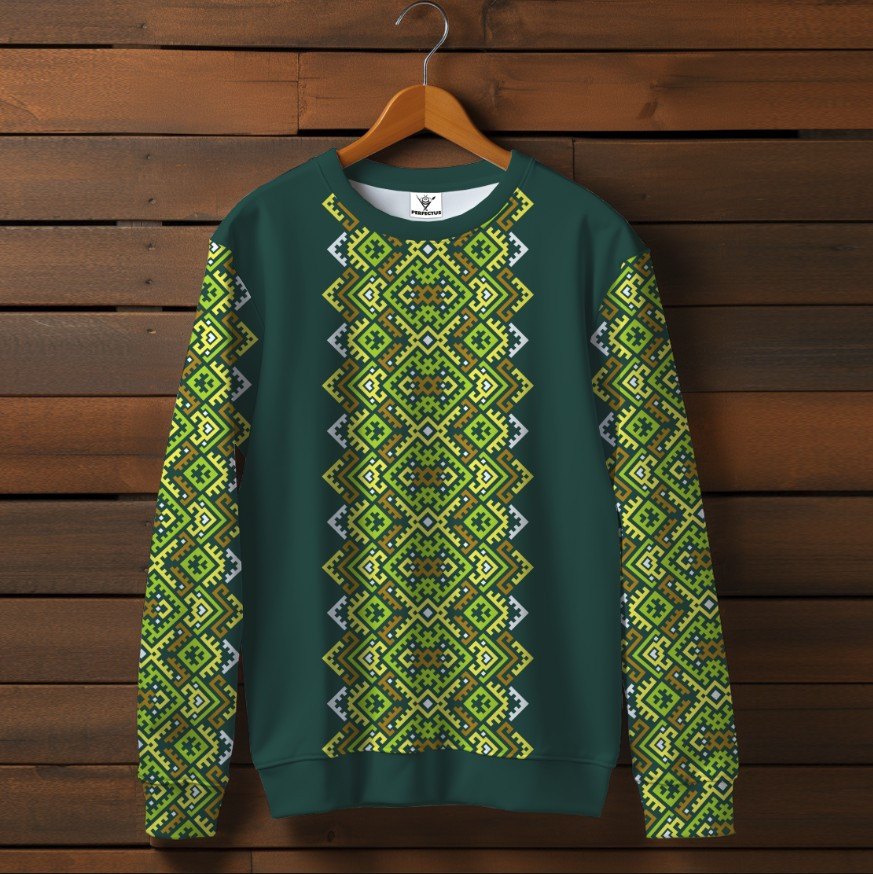 Зелений світшот із принтом Вишиванка етнічний орнамент 01. Дорослі та дитячі розміри ВСІ Розміри Преміум тканина