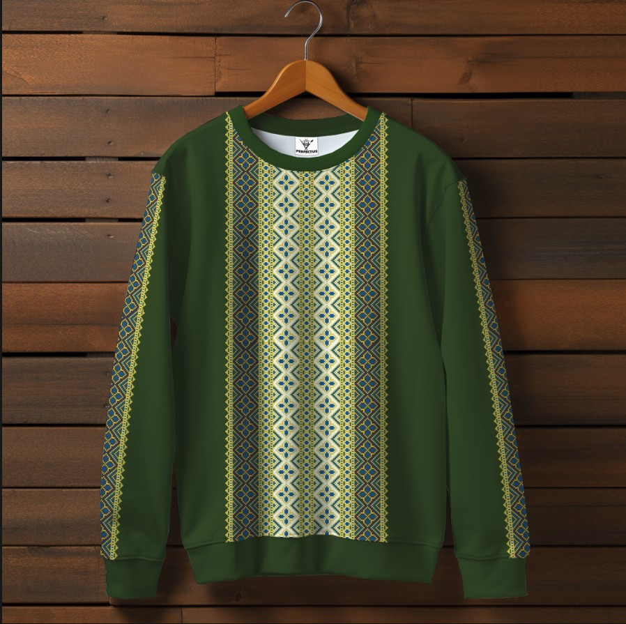 Зелений світшот із принтом Вишиванка етнічний орнамент 02. Дорослі та дитячі розміри ВСІ Розміри Преміум тканина