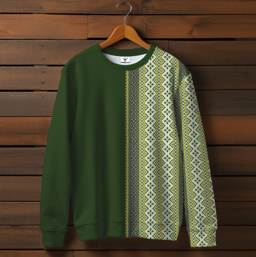 Зелений світшот із принтом Вишиванка етнічний орнамент 03. Дорослі та дитячі розміри ВСІ Розміри Преміум тканина