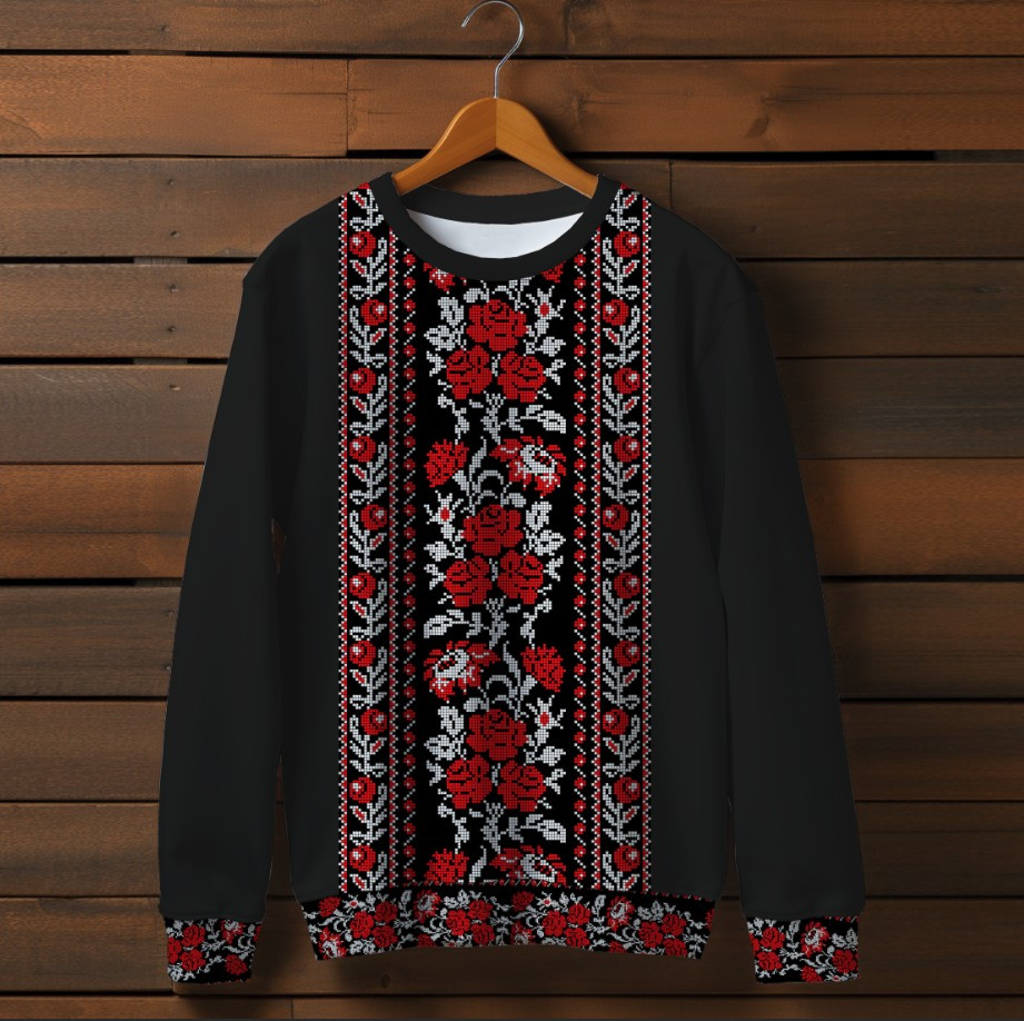Чорний світшот із принтом Вишиванка червоний етнічний орнамент. Дорослі та дитячі розміри ВСІ Розміри Преміум тканина
