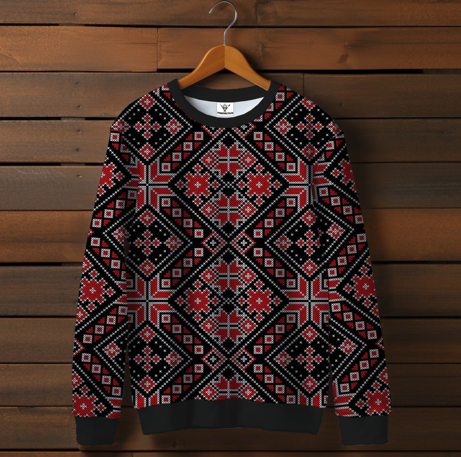 Чорний світшот із принтом Вишиванка червоний етнічний орнамент 01. Дорослі та дитячі розміри ВСІ Розміри Преміум тканина