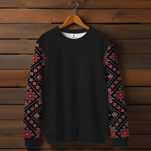 Чорний світшот із принтом Вишиванка червоний етнічний орнамент 02. Дорослі та дитячі розміри ВСІ Розміри Преміум тканина