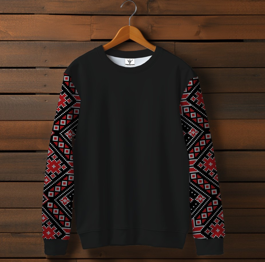 Чорний світшот із принтом Вишиванка червоний етнічний орнамент 02. Дорослі та дитячі розміри ВСІ Розміри Преміум тканина