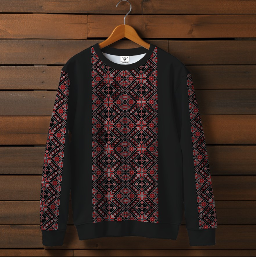 Чорний світшот із принтом Вишиванка червоний етнічний орнамент 03. Дорослі та дитячі розміри ВСІ Розміри Преміум тканина