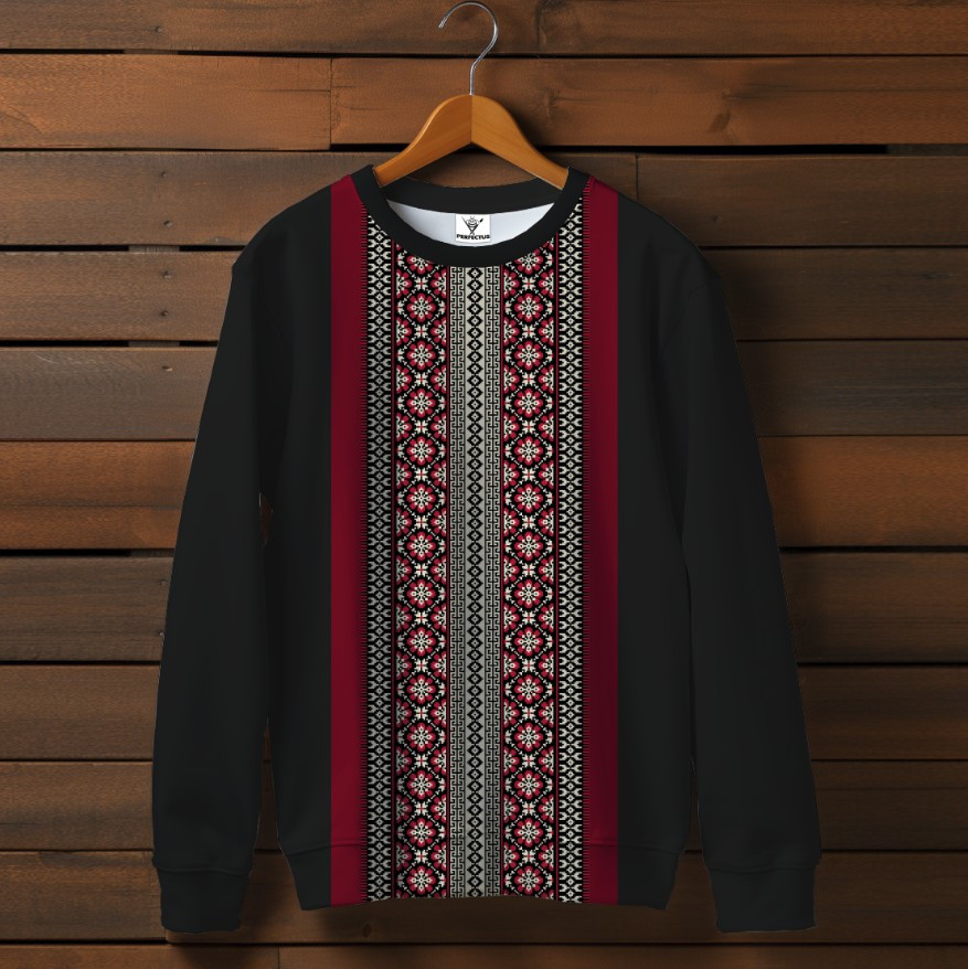 Чорний світшот із принтом Вишиванка червоний етнічний орнамент 04. Дорослі та дитячі розміри ВСІ Розміри Преміум тканина