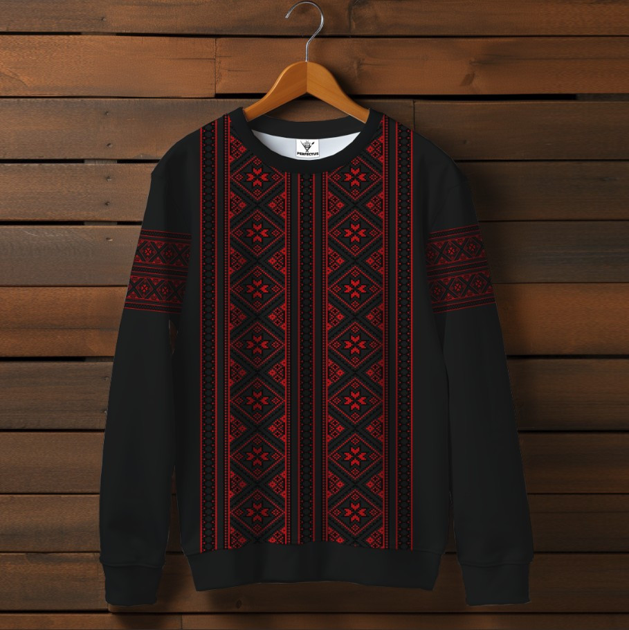 Чорний світшот із принтом Вишиванка червоний етнічний орнамент 05. Дорослі та дитячі розміри ВСІ Розміри Преміум тканина
