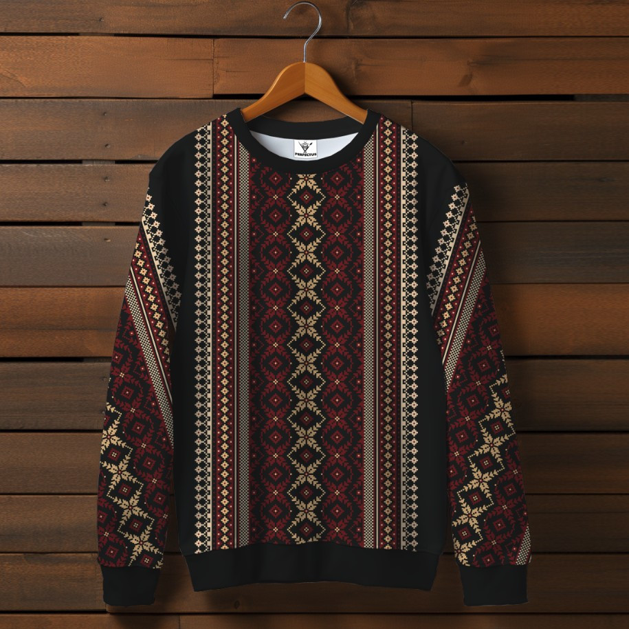 Чорний світшот із принтом Вишиванка червоний етнічний орнамент на чорному фоні ВСІ Розміри Преміум тканина