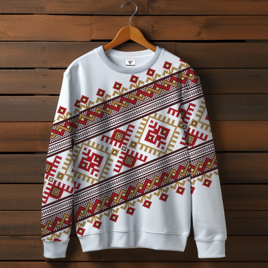Білий світшот з принтом етнічна Вишиванка червоний орнамент 01. Дорослі та дитячі розміри ВСІ Розміри Преміум тканина