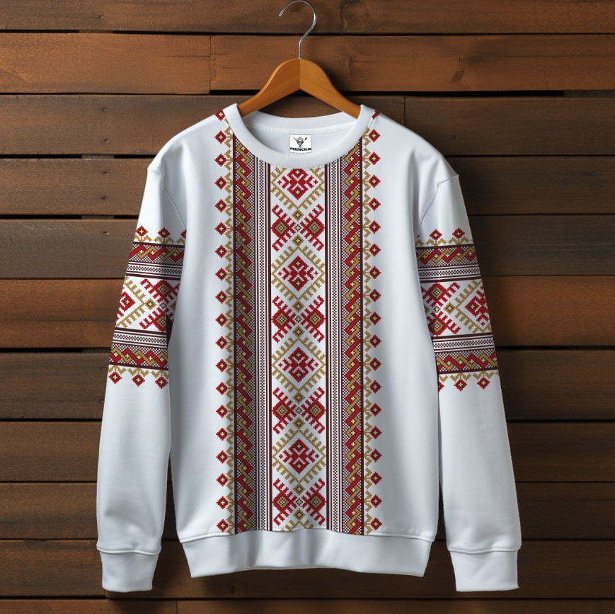 Білий світшот з принтом етнічна Вишиванка червоний орнамент 02. Дорослі та дитячі розміри ВСІ Розміри Преміум тканина