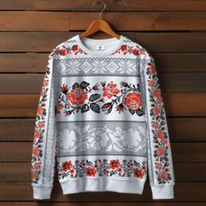 Білий світшот з принтом етнічна Вишиванка червоний орнамент 03. Дорослі та дитячі розміри ВСІ Розміри Преміум тканина