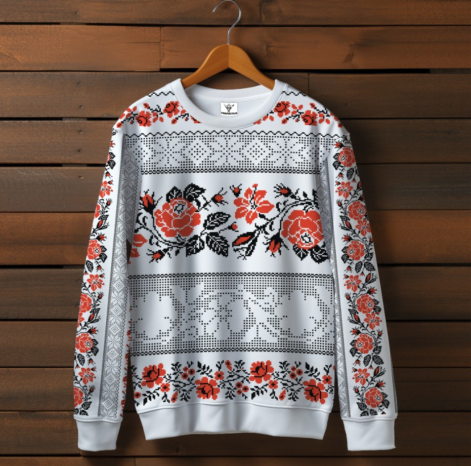 Білий світшот з принтом етнічна Вишиванка червоний орнамент 03. Дорослі та дитячі розміри ВСІ Розміри Преміум тканина