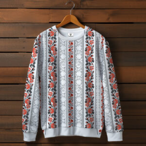 Білий світшот з принтом етнічна Вишиванка червоний орнамент 04. Дорослі та дитячі розміри ВСІ Розміри Преміум тканина