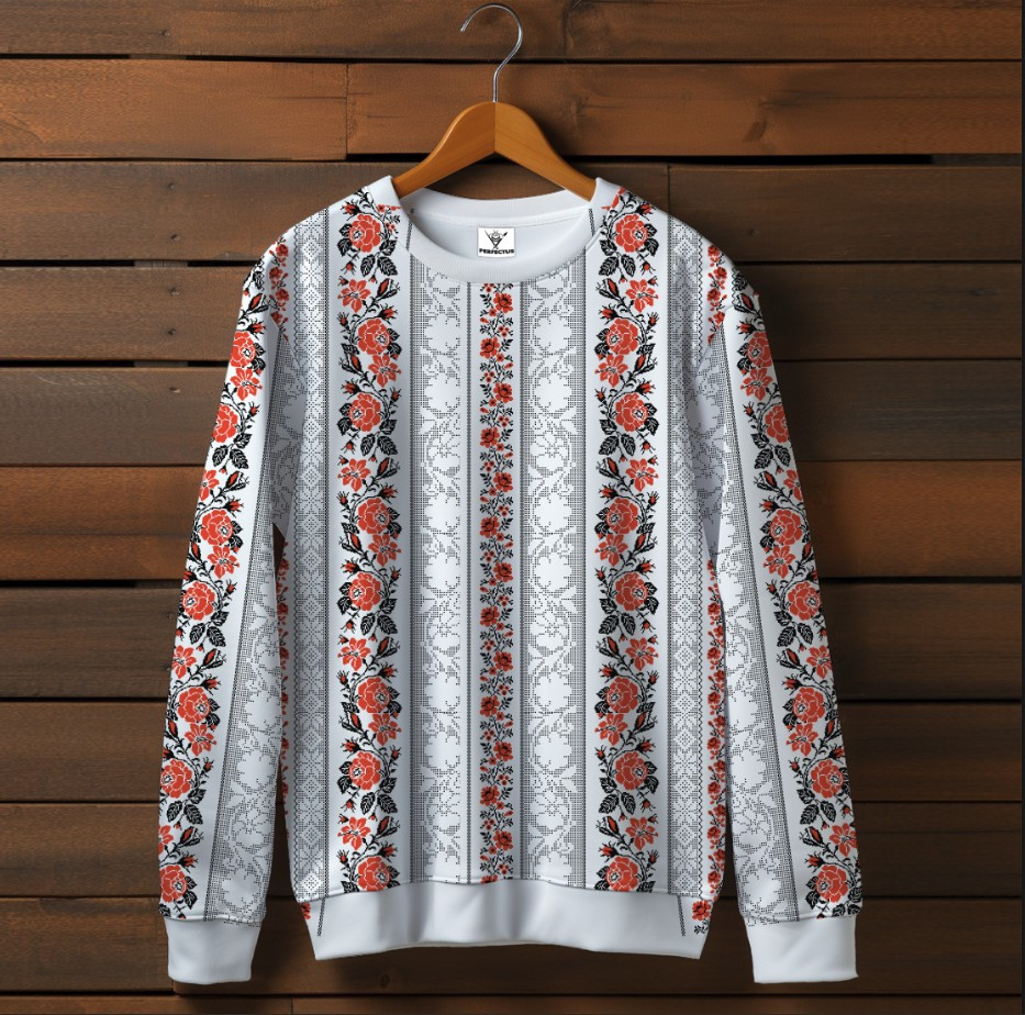 Білий світшот з принтом етнічна Вишиванка червоний орнамент 04. Дорослі та дитячі розміри ВСІ Розміри Преміум тканина