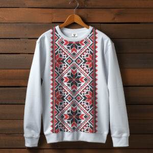 Білий світшот з принтом етнічна Вишиванка червоний орнамент 05. Дорослі та дитячі розміри ВСІ Розміри Преміум тканина