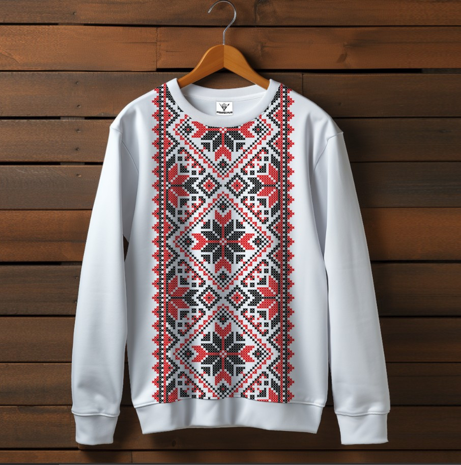 Білий світшот з принтом етнічна Вишиванка червоний орнамент 05. Дорослі та дитячі розміри ВСІ Розміри Преміум тканина