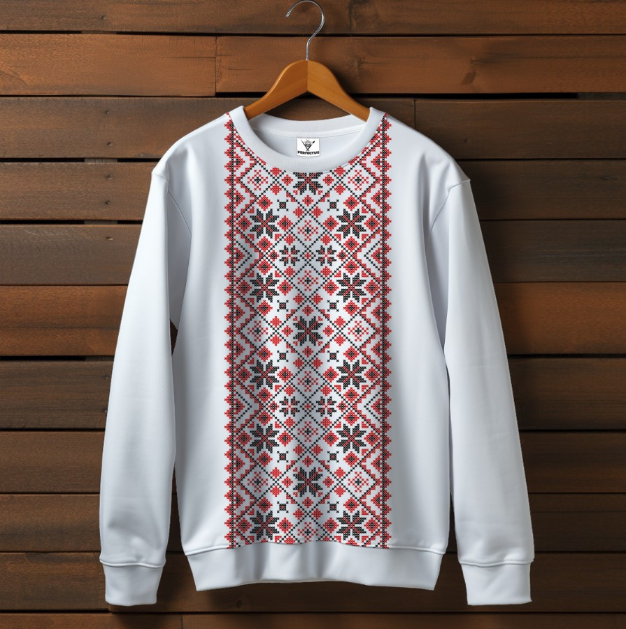Білий світшот з принтом етнічна Вишиванка червоний орнамент 06. Дорослі та дитячі розміри ВСІ Розміри Преміум тканина