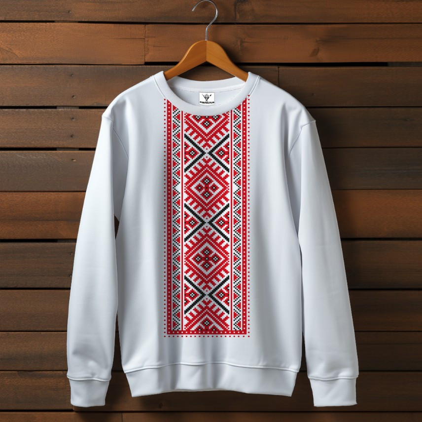 Білий світшот з принтом етнічна Вишиванка червоний орнамент 07. Дорослі та дитячі розміри ВСІ Розміри Преміум тканина