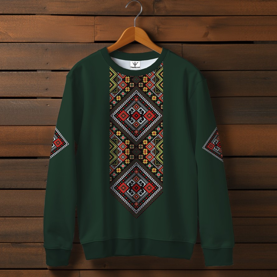 Зелений світшот із принтом Вишиванка етнічний орнамент 04. Дорослі та дитячі розміри ВСІ Розміри Преміум тканина