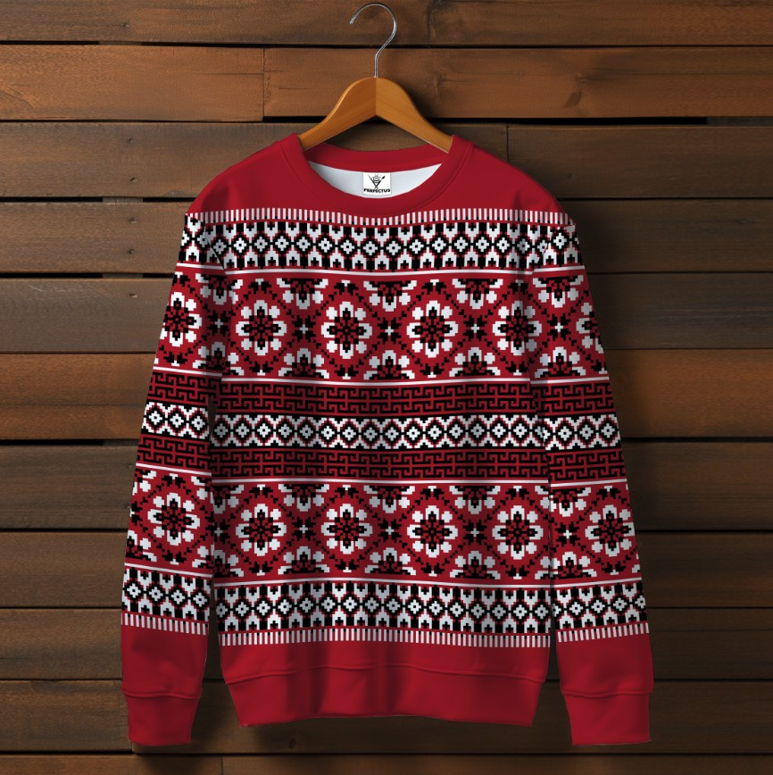 Червоний світшот з принтом Вишиванка етнічний орнамент. Дорослі та дитячі розміри ВСІ Розміри Преміум тканина