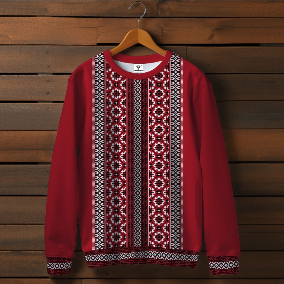 Червоний світшот з принтом Вишиванка етнічний орнамент 02. Дорослі та дитячі розміри ВСІ Розміри Преміум тканина