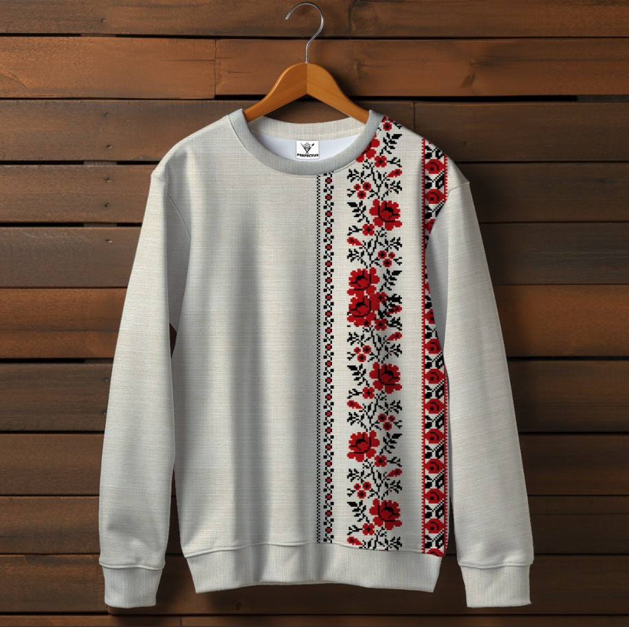 Білий світшот з принтом етнічна Вишиванка червоний орнамент 08. Дорослі та дитячі розміри ВСІ Розміри Преміум тканина