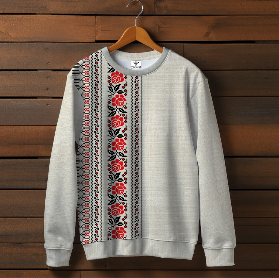 Білий світшот з принтом етнічна Вишиванка червоний орнамент 09. Дорослі та дитячі розміри ВСІ Розміри Преміум тканина