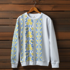 Білий світшот з принтом етнічна Вишиванка синьо-жовтий орнамент. 01 Дорослі та дитячі розміри ВСІ Розміри Преміум тканина