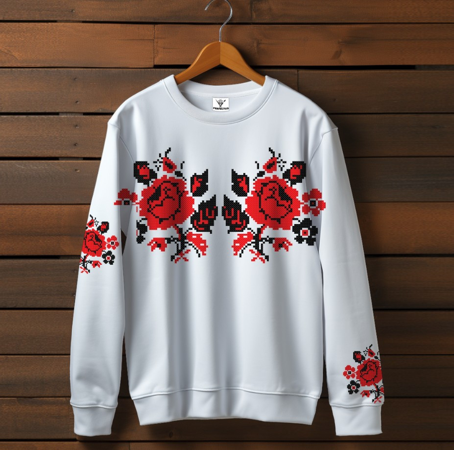 Білий світшот із принтом етнічні троянди червоний орнамент. Дорослі та дитячі розміри ВСІ Розміри Преміум тканина