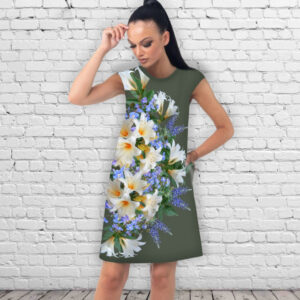 Сукня А-силуету з принтом Білі лілії на оливковому тлі ВСІ Розміри Преміум тканина