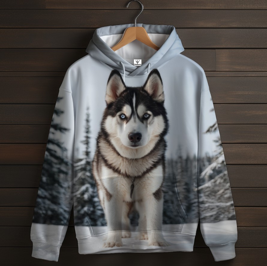 Толстовка з 3D принтом Хаскі та ялинки в снігу (Дитячі та дорослі розміри) ВСІ Розміри Преміум тканина