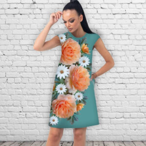 Сукня А-силуету з принтом Кремові троянди на бірюзовому тлі ВСІ Розміри Преміум тканина