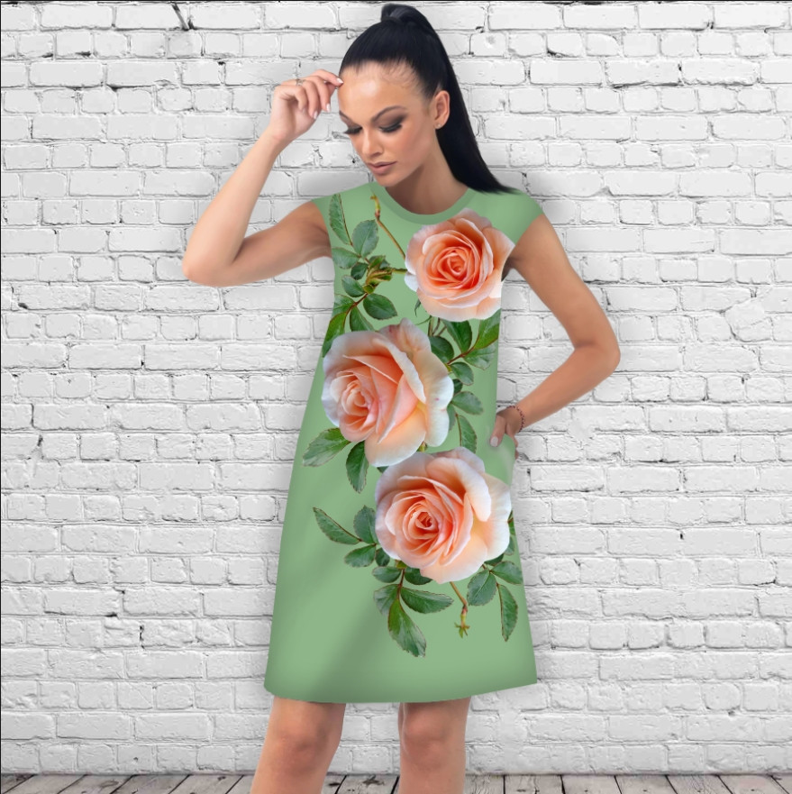 Сукня А-силуету з принтом Кремові троянди на салатовому тлі ВСІ Розміри Преміум тканина