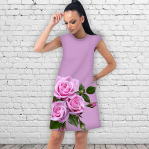 Платье А-силуета с принтом Розовые розы на сиреневом фоне ВСІ Розміри Преміум тканина