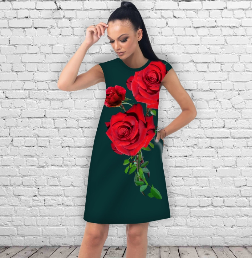 Сукня А-силуету з принтом Червона троянда на зеленому тлі ВСІ Розміри Преміум тканина