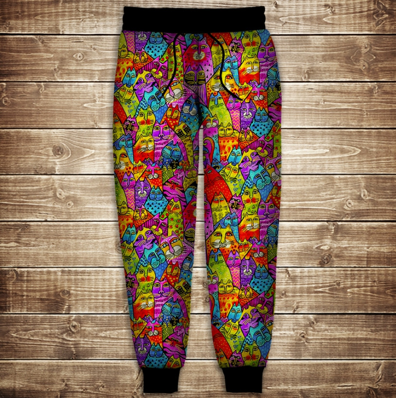Штани з 3D принтом: Барвисті арт коти ВСІ Розміри Преміум тканина