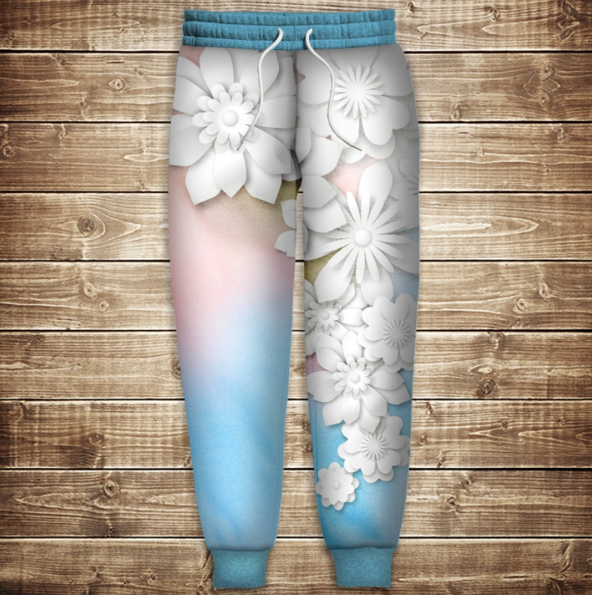 Штани з 3D принтом: Білі квіти на ніжному тлі ВСІ Розміри Преміум тканина