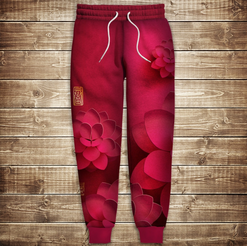 Штани з 3D принтом: Квітковий орнамент на червоному тлі ВСІ Розміри Преміум тканина