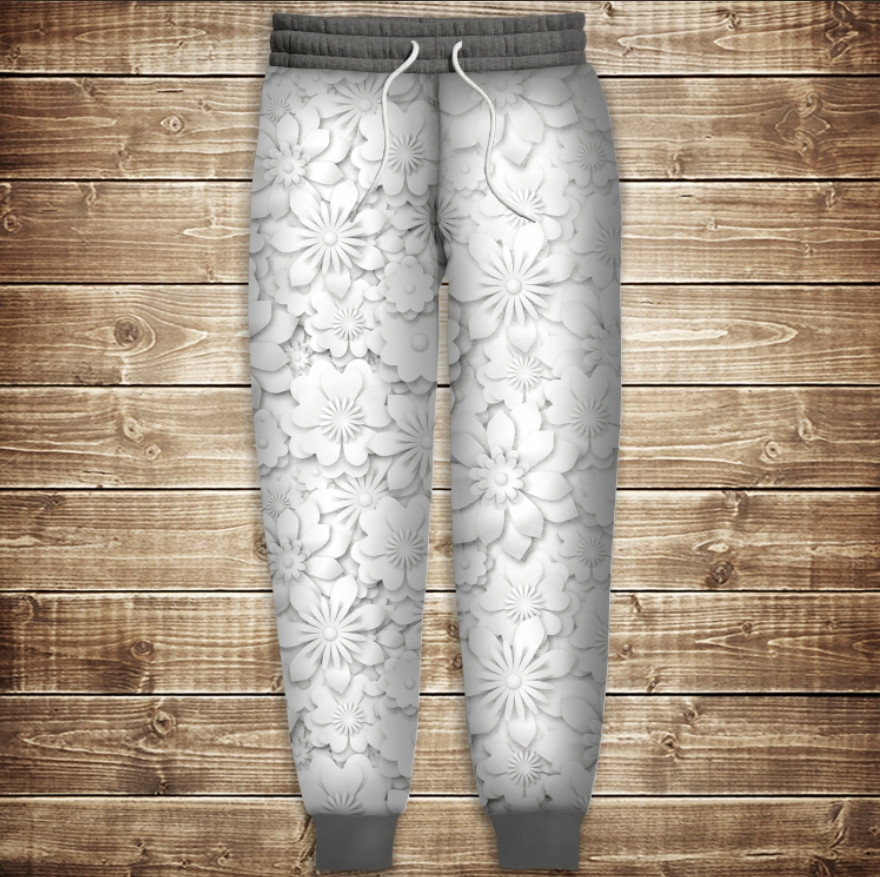 Штани з 3D принтом: Білий квітковий орнамент ВСІ Розміри Преміум тканина