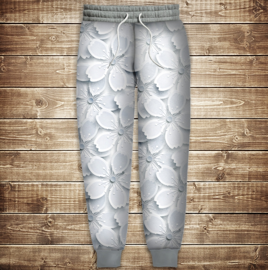 Штани з 3D принтом: Білий квітковий орнамент 01 ВСІ Розміри Преміум тканина