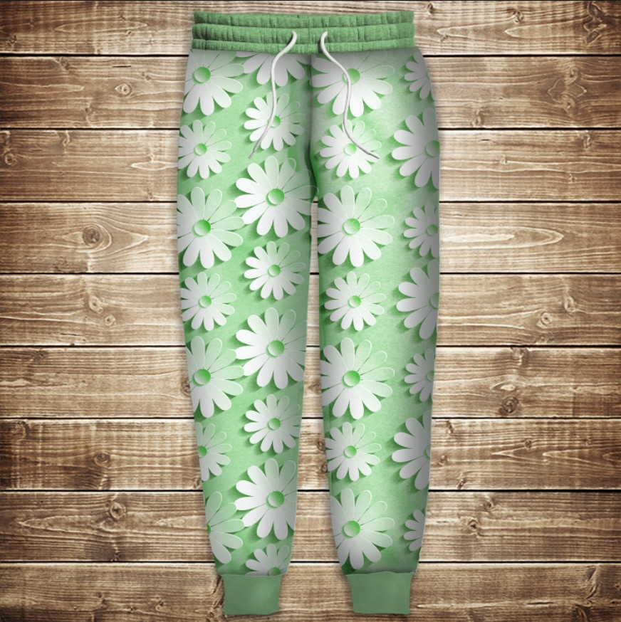 Штани з 3D принтом: Білі квіти на зеленому тлі ВСІ Розміри Преміум тканина