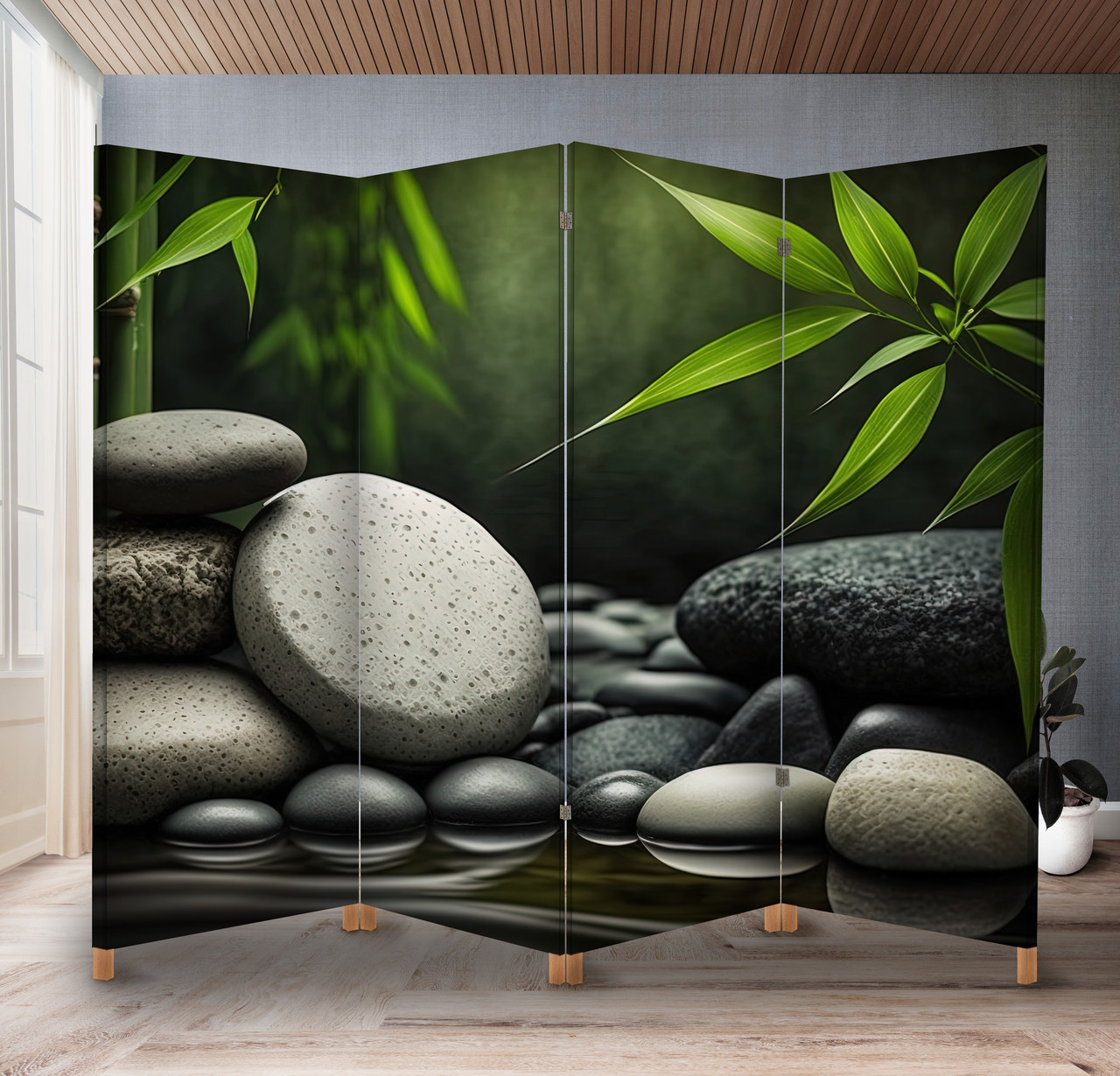 Декоративний екран-ширма з принтом дзен-каміння і бамбука на воді