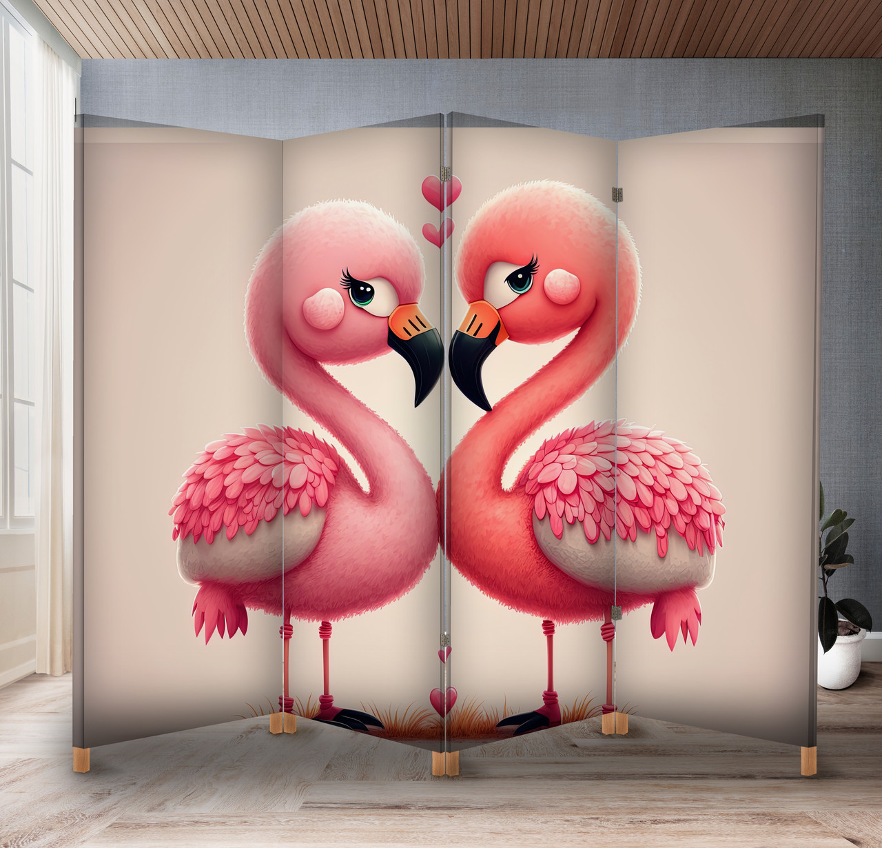 Декоративний екран-ширма з принтом милої мультяшної пари фламінго на Валентинів день