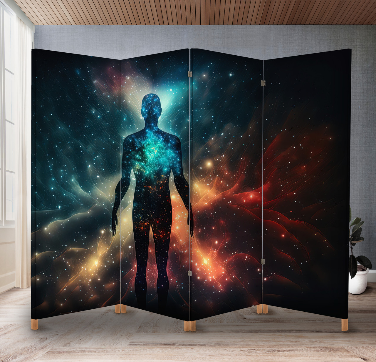 Декоративний екран-ширма з принтом силуету астрального тіла з просторовим фоном