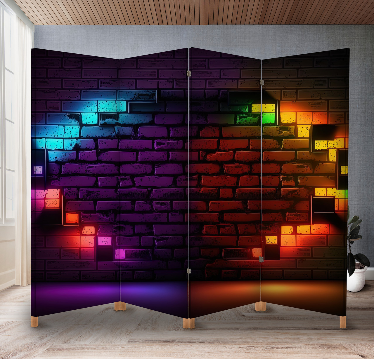 Декоративний екран-ширма з принтом футуристичних неонових вогнів на цегляній стіні