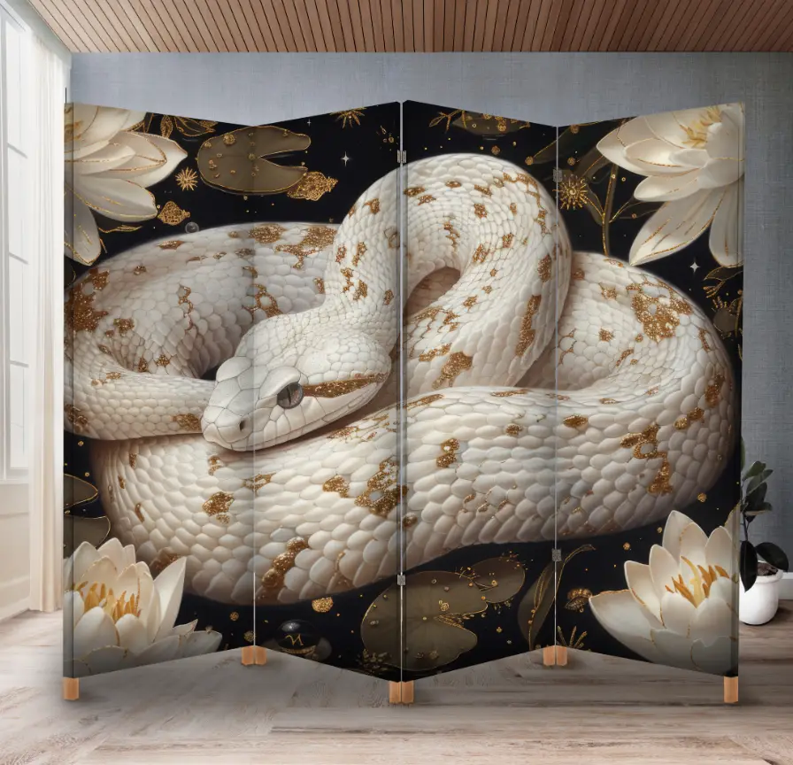 Декоративна ширма з принтом білої змії та лотоса