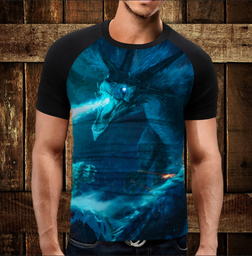 Футболка-реглан з 3D принтом Вогнедишний дракон синім вогнем ВСІ Розміри Преміум тканина