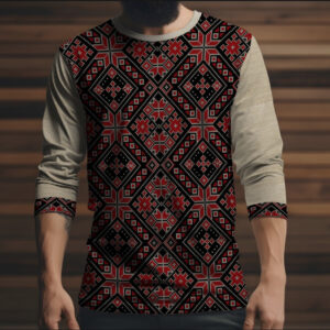 Лонгслив з 3D принтом Вишиванка червоний етнічний орнамент 03 ВСІ Розміри Преміум тканина