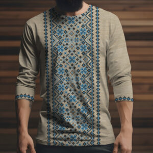 Лонгслив з 3D принтом Вишиванка блакитний етнічний орнамент ВСІ Розміри Преміум тканина