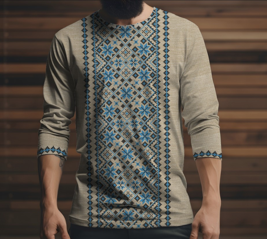 Лонгслив з 3D принтом Вишиванка блакитний етнічний орнамент ВСІ Розміри Преміум тканина